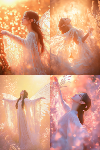 在一片散发着粉金光的柔和背景中，一位仙女静静地站立着。背景的粉金色光芒如同温暖的晨曦，柔和而宁静，为整个画面增添了一层梦幻般的氛围。 仙女身着一袭白色蕾丝长袍，长袍轻盈而飘逸，蕾丝的纹理在粉金光的映照下显得格外精致。长袍随风轻轻摆动，仿佛与周围的光芒融为一体，增添了一份轻盈与优雅。 仙女伸开双臂，仰望天空，姿态优雅而自然。她的面容宁静而祥和，眼中闪烁着对天空的向往和敬畏。她的长发轻轻飘动，与白色蕾丝长袍相得益彰，仿佛她本身就是这片粉金光中的精灵。 在这个画面中，粉金光的背景与仙女的白色蕾丝长袍相互映衬，营造出一种温暖而神秘的氛围。仙女伸开双臂仰望天空的姿态，不仅展现了她的优雅与从容，更传达出一种对未知世界的探索和渴望。这幅画面如同一幅精美的画卷，让人不禁为之陶醉，感受到一种宁静与美好的力量。