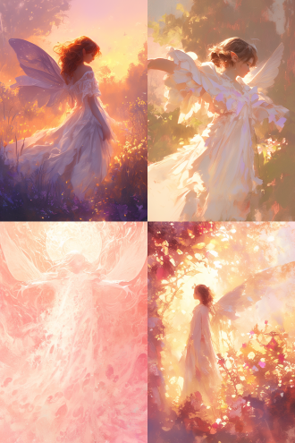 在一片散发着粉金光的柔和背景中，一位仙女静静地站立着。背景的粉金色光芒如同温暖的晨曦，柔和而宁静，为整个画面增添了一层梦幻般的氛围。 仙女身着一袭白色蕾丝长袍，长袍轻盈而飘逸，蕾丝的纹理在粉金光的映照下显得格外精致。长袍随风轻轻摆动，仿佛与周围的光芒融为一体，增添了一份轻盈与优雅。 仙女伸开双臂，仰望天空，姿态优雅而自然。她的面容宁静而祥和，眼中闪烁着对天空的向往和敬畏。她的长发轻轻飘动，与白色蕾丝长袍相得益彰，仿佛她本身就是这片粉金光中的精灵。 在这个画面中，粉金光的背景与仙女的白色蕾丝长袍相互映衬，营造出一种温暖而神秘的氛围。仙女伸开双臂仰望天空的姿态，不仅展现了她的优雅与从容，更传达出一种对未知世界的探索和渴望。这幅画面如同一幅精美的画卷，让人不禁为之陶醉，感受到一种宁静与美好的力量。