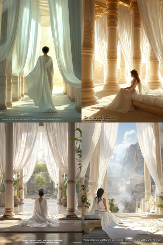 你来到了雄伟的围墙大门前。一位身着白色长袍的女祭司打开门，请你跟随她。你穿过一座 富丽堂皇的花园，来到神殿。你走上来的这条小巷两旁各有 12 根柱子，每根柱子之间都有 一位女祭司。她们都向你问好。你到达了露台。“请坐下来等一会儿”，向导说，“女神这 就到”。所以，在等待的时候，你可以利用这个机会去探索周围空间的所有振动，并更好地 观察你周边的环境。位于一定高度的大露台呈现了一个宏伟壮丽的全景。空气柔和，微风习 习，悬挂在柱子之间的白色帘幔随着轻柔的起伏摆动。女神来了，欢迎你。她盘腿坐在沙发 上，一边亲切地看着你，一边优雅地抚平她腿上的裙子。