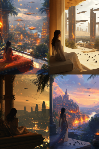 在森林的尽头，你到达了一大片平原，并惊讶地注意到多架航天器在空中飞行。然而，一切都是平静而甜 蜜的，只有大自然才能表达出来。在两个山丘之间，出现了一座发光的城市，你将加入它。 当你到达时，你的脚步自然的将你带到了城市的庙宇。一位美丽的女性迎接你。在她浓密的乌木刘海下， 微笑的目光邀请你跟随她。她似乎穿着透明的连衣裙漂浮在地面之上。你沿着它走上两旁排列着柱子的主 通道，柱子的脚下是大火盆。这些地方被从它逸出的橙色火焰照亮。 你遇到的每个女人都会以友好的表情或友善的点头向你问候。鸽子在建筑物内自由飞翔。十分宁静，你从 神庙的左翼走，穿过一扇大门，到达一个美丽的露台，可以欣赏到下方河流的壮丽景色。水中被太阳照射 出成千上万的金色粒子闪闪发光。如你所见，许多棕榈树的树顶预示存在着绿洲。突然你注意到女神的存 在。她半卧在躺椅上，起身走到你身边，热情的欢迎你。她优雅地挥了挥手，邀请您坐在舒适长椅的垫子 上。