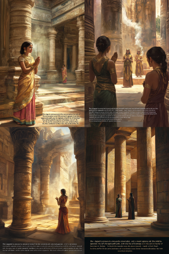 今天就到这里。试试看，我会陪着你”。她鼓掌宣布，准时结束了谈话一个侍者出现了。她 笑而不语，邀请你跟随她。你沿着相反的路离开，只有大理石地板上的脚步声沙沙作响。在 神殿的中心，一缕缕的熏香在空中缓缓飘散。这些香气让你放松。女祭司们仍然站在柱子之 间，你明白她们正在体验这种非常耐心，静息，但处于狂喜的状态，这种状态将她们转化为 爱的光柱。只要她们存在，就能维持这座神殿的能量。你继续溜达，来到一个充满阳光的空 间。当你的目光慢慢定下来时，你的向导会让你从神殿的右边出去。然后你会注意到一些小 神殿。女祭司指着其中一座说:“我们也在这座神殿里进行耐心试炼”。