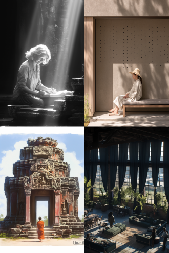 就像前几天一样，天气很好，气氛宜人。你直接来到神殿紧闭的大门前，刚一走近，门就立 刻打开了。一位热情的女祭司邀请你陪同她。在这座令人印象深刻的建筑里，沐浴在阳光下 的这个地方很清静。只有天花板是深色的，点缀着众多的星星。你的向导请你在这个星罗棋 布的拱顶下等候。开心呀，女神与你会合了。她在你的周围走动，站在你身后，接着观察你， 微笑着邀请你随她同行。你穿过神殿的中心并占据了这个中心的一席之地。从这里可以看到 整个空间。女神坐在一把大躺椅上，让你细致观察所在的地方。