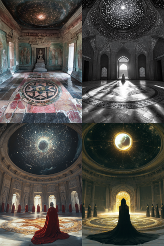 就像前几天一样，天气很好，气氛宜人。你直接来到神殿紧闭的大门前，刚一走近，门就立 刻打开了。一位热情的女祭司邀请你陪同她。在这座令人印象深刻的建筑里，沐浴在阳光下 的这个地方很清静。只有天花板是深色的，点缀着众多的星星。你的向导请你在这个星罗棋 布的拱顶下等候。开心呀，女神与你会合了。她在你的周围走动，站在你身后，接着观察你， 微笑着邀请你随她同行。你穿过神殿的中心并占据了这个中心的一席之地。从这里可以看到 整个空间。女神坐在一把大躺椅上，让你细致观察所在的地方。在地板上，一个五角星与天花板上的宇宙相对应。一道光的光晕照亮了现场并显露出 12 位 围绕五角星静静移动的女祭司。地板变成了一个屏幕。行星地球的图像以叠加的方式出现。