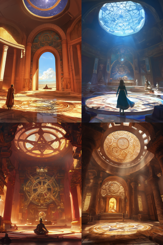 就像前几天一样，天气很好，气氛宜人。你直接来到神殿紧闭的大门前，刚一走近，门就立 刻打开了。一位热情的女祭司邀请你陪同她。在这座令人印象深刻的建筑里，沐浴在阳光下 的这个地方很清静。只有天花板是深色的，点缀着众多的星星。你的向导请你在这个星罗棋 布的拱顶下等候。开心呀，女神与你会合了。她在你的周围走动，站在你身后，接着观察你， 微笑着邀请你随她同行。你穿过神殿的中心并占据了这个中心的一席之地。从这里可以看到 整个空间。女神坐在一把大躺椅上，让你细致观察所在的地方。在地板上，一个五角星与天花板上的宇宙相对应。一道光的光晕照亮了现场并显露出 12 位 围绕五角星静静移动的女祭司。地板变成了一个屏幕。行星地球的图像以叠加的方式出现。 宫崎骏