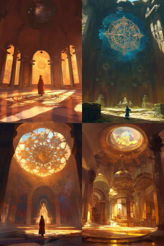 就像前几天一样，天气很好，气氛宜人。你直接来到神殿紧闭的大门前，刚一走近，门就立 刻打开了。一位热情的女祭司邀请你陪同她。在这座令人印象深刻的建筑里，沐浴在阳光下 的这个地方很清静。只有天花板是深色的，点缀着众多的星星。你的向导请你在这个星罗棋 布的拱顶下等候。开心呀，女神与你会合了。她在你的周围走动，站在你身后，接着观察你， 微笑着邀请你随她同行。你穿过神殿的中心并占据了这个中心的一席之地。从这里可以看到 整个空间。女神坐在一把大躺椅上，让你细致观察所在的地方。在地板上，一个五角星与天花板上的宇宙相对应。一道光的光晕照亮了现场并显露出 12 位 围绕五角星静静移动的女祭司。地板变成了一个屏幕。行星地球的图像以叠加的方式出现。 宫崎骏