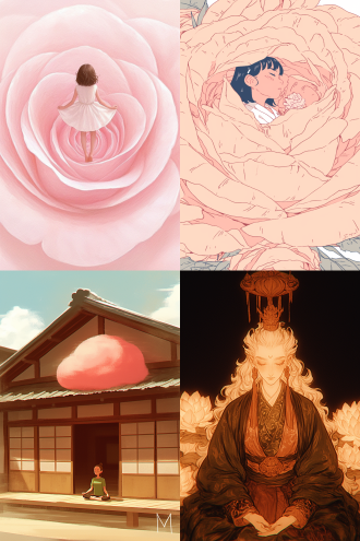 女孩坐巨大粉色玫瑰花里打坐，中心构图，梦幻场景，特写，柔和顶光，古风服饰，平静神情，粉色调，静谧安宁 。 宫崎骏 超扁平