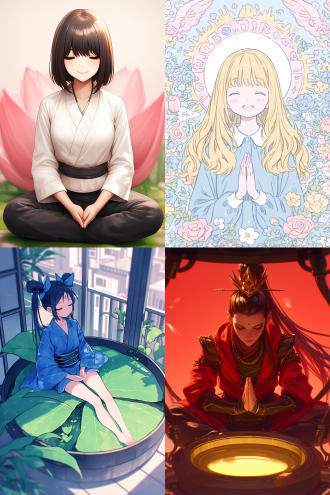 女孩坐巨大粉色玫瑰花里打坐，中心构图，梦幻场景，特写，柔和顶光，古风服饰，平静神情，粉色调，安宁氛围。 宫崎骏 超扁平