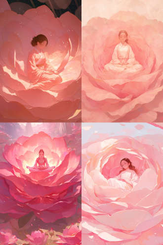 女孩坐巨大粉色玫瑰花里打坐，中心构图，梦幻场景，特写，柔和顶光，古风服饰，平静神情，粉色调，静谧安宁 。 宫崎骏 超扁平