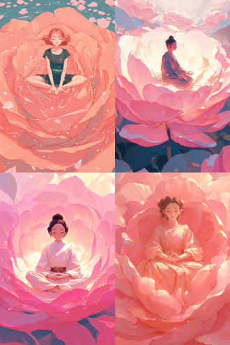 女孩坐巨大粉色玫瑰花里打坐，中心构图，梦幻场景，特写，柔和顶光，古风服饰，平静神情，粉色调，静谧安宁 。 宫崎骏 超扁平