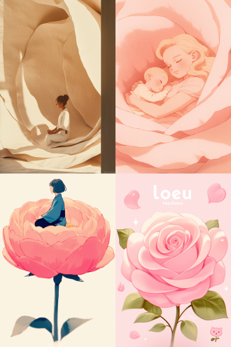 女神坐巨大粉色玫瑰花里打坐，中心构图，梦幻场景，特写，柔和顶光，古风服饰，平静神情，粉色调，静谧安宁，古风，特写镜头。 超扁平 吉卜力