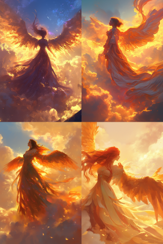 凤凰神女，站于云端，身姿飘逸，长裙飞舞，面容绝美，神情高贵，梦幻风，逆光，长焦镜头，绚丽色彩，空灵，神圣。