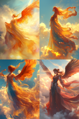 凤凰神女，站于云端，身姿飘逸，长裙飞舞，面容绝美，神情高贵，梦幻风，逆光，长焦镜头，绚丽色彩，空灵，神圣。