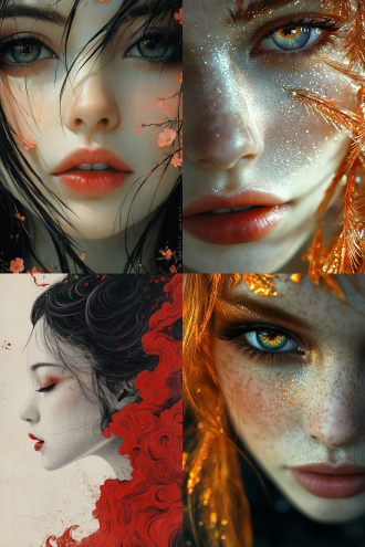 凤凰神女，新工笔 真实 有层次 简约构图 透明磨砂 低饱和 精致的五官 白皙的皮肤 红润的唇色 超高清画质