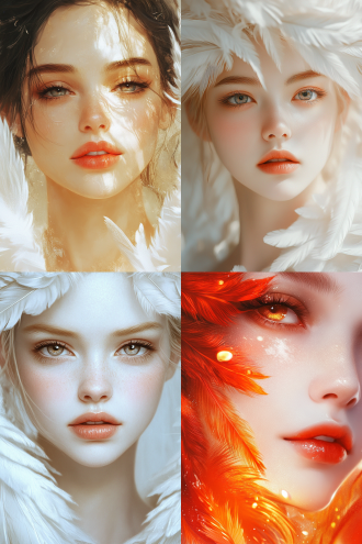 凤凰神女，新工笔 真实 有层次 简约构图 透明磨砂 低饱和 精致的五官 白皙的皮肤 红润的唇色 超高清画质