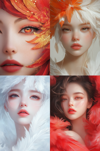 凤凰神女，新工笔 真实 有层次 简约构图 透明磨砂 低饱和 精致的五官 白皙的皮肤 红润的唇色 超高清画质