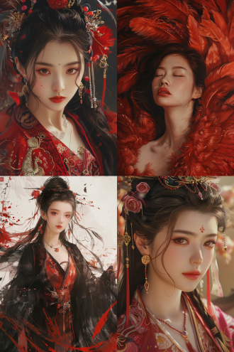 凤凰神女全身像 ，新工笔 真实 有层次 简约构图 低饱和 精致的五官 白皙的皮肤 红润的唇色 超高清画质 工笔画 中国凤凰