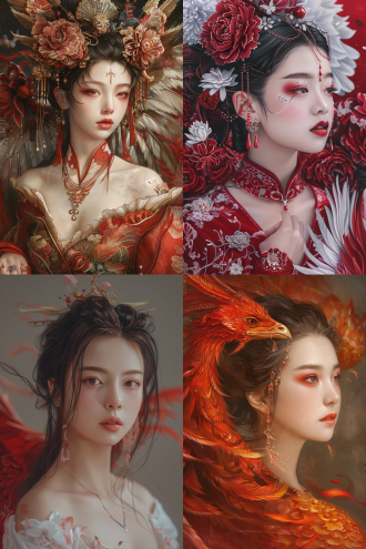 凤凰神女全身像 ，新工笔 真实 有层次 简约构图 低饱和 精致的五官 白皙的皮肤 红润的唇色 超高清画质 工笔画 中国凤凰