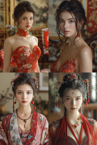 凤凰神女全身， 站在壁画前 含情脉脉 身旁有古典家具 盆栽 新工笔 真实 有层次 简约构图 低饱和 超高清画质 工笔画 中国凤凰