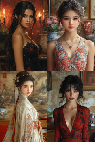 凤凰神女全身， 站在壁画前 含情脉脉 身旁有古典家具 盆栽 新工笔 真实 有层次 简约构图 低饱和 超高清画质 工笔画 中国凤凰 远景拍摄