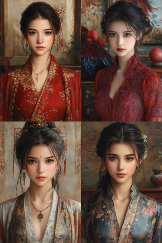 凤凰神女全身， 站在壁画前 含情脉脉 身旁有古典家具 盆栽 新工笔 真实 有层次 简约构图 低饱和 超高清画质 工笔画 中国凤凰 远景拍摄