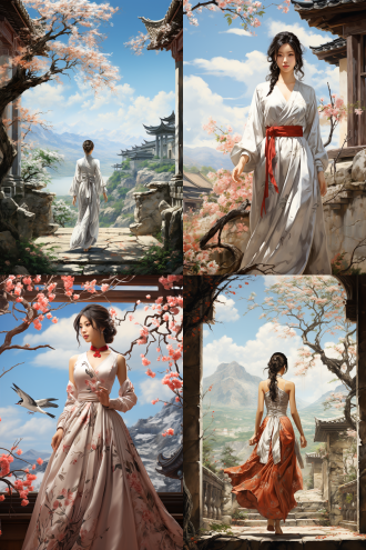 女神在庭院里闲庭漫步， 宋代美学 站在壁画前 含情脉脉 正面肖像 古典建筑 山水 牡丹 新工笔 真实 有层次 简约构图 低饱和 超高清画质 工笔画 中国凤凰 远景拍摄 白金 粉白 白 粉彩色 象牙白