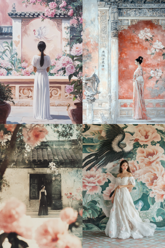 女神在庭院里闲庭漫步， 宋代美学 站在壁画前 含情脉脉 正面肖像 古典建筑 山水 牡丹 新工笔 真实 有层次 简约构图 低饱和 超高清画质 工笔画 中国凤凰 远景拍摄 白金 粉白 白 粉彩色 象牙白