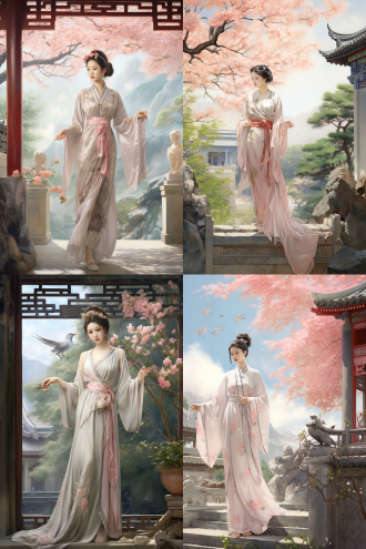 女神在庭院里闲庭漫步， 宋代美学 站在壁画前 含情脉脉 正面肖像 古典建筑 山水 牡丹 新工笔 真实 有层次 简约构图 低饱和 超高清画质 工笔画 中国凤凰 远景拍摄 白金 粉白 白 粉彩色 象牙白