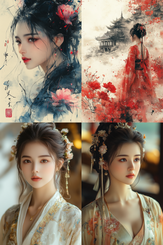 女神在庭院里闲庭漫步， 宋代美学 站在壁画前 含情脉脉 正面肖像 古典建筑 山水 牡丹 新工笔 真实 有层次 简约构图 低饱和 超高清画质 工笔画 中国凤凰 远景拍摄 白金 粉白 白 粉彩色 象牙白 常玉风格