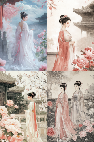 女神在庭院里闲庭漫步， 宋代美学 站在壁画前 含情脉脉 正面肖像 古典建筑 山水 牡丹 新工笔 真实 有层次 简约构图 低饱和 超高清画质 工笔画 中国凤凰 远景拍摄 白金 粉白 白 粉彩色 象牙白 常玉风格