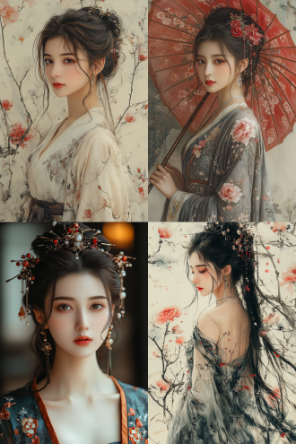 女神在庭院里闲庭漫步， 宋代美学 站在壁画前 含情脉脉 正面肖像 古典建筑 山水 牡丹 新工笔 真实 有层次 简约构图 低饱和 超高清画质 工笔画 中国凤凰 远景拍摄 白金 粉白 白 粉彩色 象牙白 常玉风格