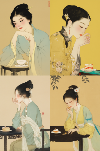 chinese gongbi figure painting，ink and color on silk ,woman in chinese painting, eat cake and drink coffe at home, author: emperor huizong of song dynasty,simple background,yellow