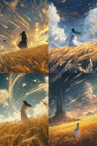 在古老的神殿之巅，女神静静地伫立，她的目光穿透了时空的界限，投向那遥远的天际。她的眼中映照着金色的麦田，一望无际，如同大地的波涛，随风起伏，诉说着丰收的喜悦与岁月的静好。 然而，这宁静的画面被天空中密密麻麻的宇宙飞船所打破，它们如同星辰般璀璨，穿梭在云层之间，编织出一幅科幻的画卷。飞船的轨迹划破长空，留下一道道光轨，与麦田的金色交织，构成了一幅梦幻般的景象。 女神的长袍在微风中轻轻摇曳，她的手中握着一颗晶莹的水晶球，球体内仿佛蕴含着整个宇宙的奥秘。她的存在，既是过去的守护者，也是未来的引路人。在这个科技与神话交织的时代，女神与宇宙飞船共同见证着人类文明的飞跃与梦想的无限延伸。 这是一个关于过去与未来、自然与科技、现实与梦想的故事，女神在神殿里，不仅是守望者，更是连接着大地与星空的桥梁。在她的注视下，麦田与宇宙飞船共同编织出一幅幅动人的画面，让人沉醉于这场无尽的梦幻之旅。