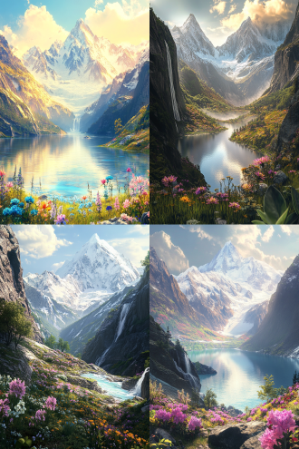 a mystical and sacred landscape of shambhala, surrounded by towering snow-capped mountains, glowing glaciers, and lush green valleys filled with colorful wildflowers, a crystal-clear lake reflecting the sky and mountains, waterfalls cascading down cliffs, hidden caves covered in vines and flowers, golden sunlight filtering through mist, surreal and peaceful atmosphere, vibrant colors, ultra-detailed, 4k resolution, cinematic lighting, ethereal and otherworldly beauty, inspired by tibetan and himalayan art"