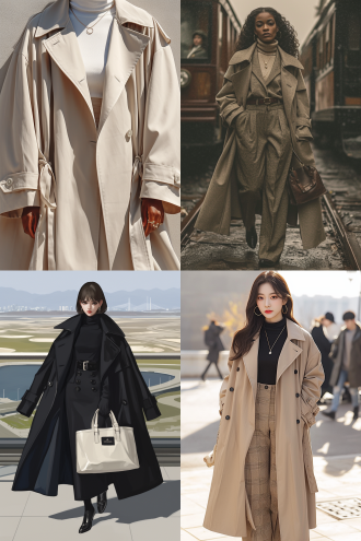 a stylish young woman walking on a bustling city street, wearing a chic oversized beige trench coat, paired with high-waisted wide-leg trousers and a fitted turtleneck, carrying a minimalist leather tote bag. her hair is sleek and straight, falling just below her shoulders, with subtle gold hoop earrings adding a touch of elegance. the background features modern urban architecture with large glass windows, blurred crowds, and soft sunlight casting long shadows. the atmosphere is vibrant yet sophisticated, capturing a moment of urban elegance.