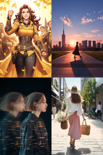 时尚女郎城市街头漫步，三分构图，现代都市风，长焦镜头，侧逆光，暖黄调，优雅从容，风衣长裤，玻璃建筑，人群虚化。