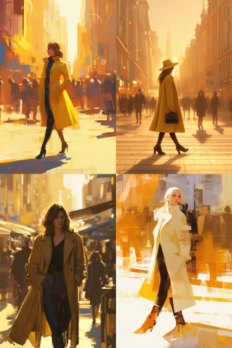 时尚女郎城市街头漫步，三分构图，现代都市风，长焦镜头，侧逆光，暖黄调，优雅从容，风衣长裤，玻璃建筑，人群虚化。