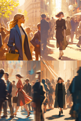 时尚年轻女子走在繁华街头，对角线构图，都市环境，长焦镜头，侧逆光，暖色调，优雅姿态，现代建筑，模糊人群，精致。