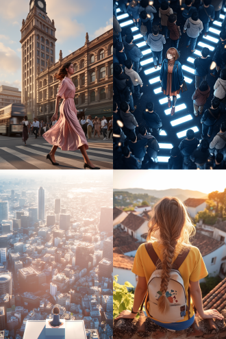 时尚年轻女子走繁华街头，对角线构图，都市现代建筑，长焦侧逆光，优雅姿态，模糊人群，精致感，暖冷色调交织。 粉白 白 粉彩色 米色 白金 紫罗兰 绿野仙踪 自然绿 稳重蓝