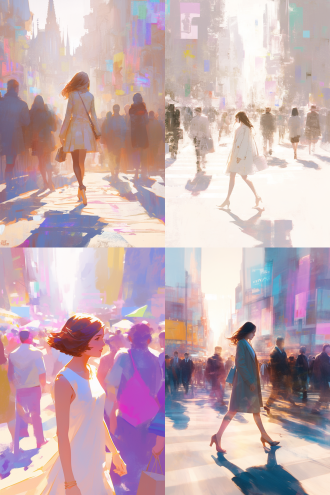 时尚年轻女子走繁华街头，对角线构图，都市现代建筑，长焦侧逆光，优雅姿态，模糊人群，精致感，暖冷色调交织。 粉白 白 粉彩色 米色 白金 紫罗兰 绿野仙踪 自然绿 稳重蓝