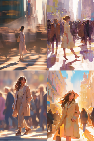 时尚年轻女子走繁华街头，对角线构图，都市现代建筑，模糊人群，长焦侧逆光，优雅姿态，精致，暖冷色调交织，都市氛围。 粉白 白 粉彩色 米色 白金 紫罗兰 绿野仙踪 自然绿 稳重蓝