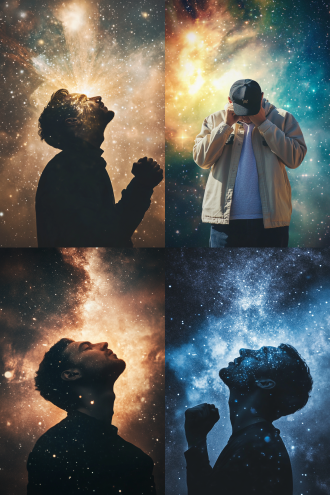 人物仰头握拳觉醒，中心构图，宇宙星空背景，科幻风，冷色调，长焦镜头，逆光，神圣氛围，庄严，力量感。