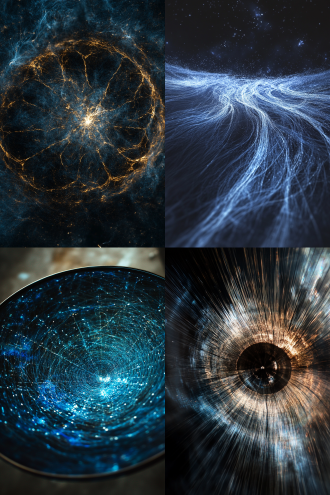 暗物质纤维构成宇宙经络，放射状布局，深邃太空，冷色调，鱼眼镜头，逆光，神秘缥缈，奇幻氛围，震撼。