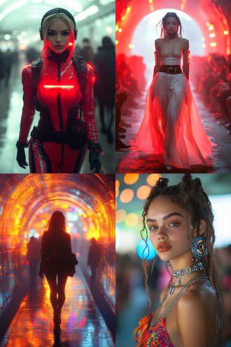 前卫金属风女模特走秀，对角线构图，镜面t台，霓虹激光，未来拱顶，观众虚化，超写实，8k，赛博朋克风，自信大步，色彩绚丽。