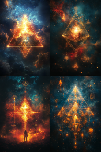 glowing tetrahedron floating in cosmic void, three beams of light (red/blue/gold) radiating from a central white point, geometric symbols (flame/book/lightning) rotating at sphere's edge, sacred geometry with holographic textures, vibrant neon glow against deep space, cinematic volumetric lighting, ultra-detailed sci-fi mysticism 关键元素：发光四面体、三色光束、旋转符号