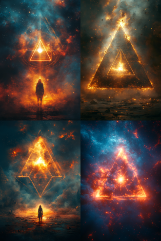 glowing tetrahedron floating in cosmic void, three beams of light (red/blue/gold) radiating from a central white point, geometric symbols (flame/book/lightning) rotating at sphere's edge, sacred geometry with holographic textures, vibrant neon glow against deep space, cinematic volumetric lighting, ultra-detailed sci-fi mysticism 关键元素：发光四面体、三色光束、旋转符号