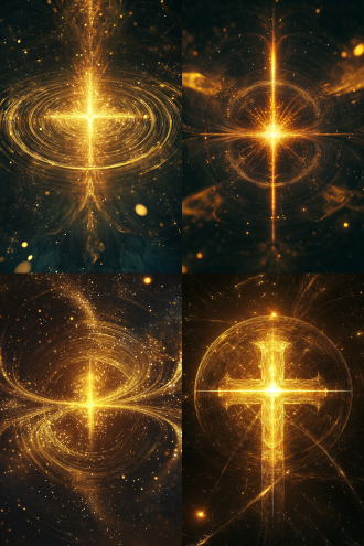 golden vibrating cross emerging from cosmic sphere, concentric energy waves rippling through dark matter, radiant stardust trails forming sacred geometry, divine light bursting through dimensional layers, baroque celestial aesthetics, hyperrealistic 4k details, dynamic particle simulation 关键元素：金色振动十字、能量波纹、粒子星尘