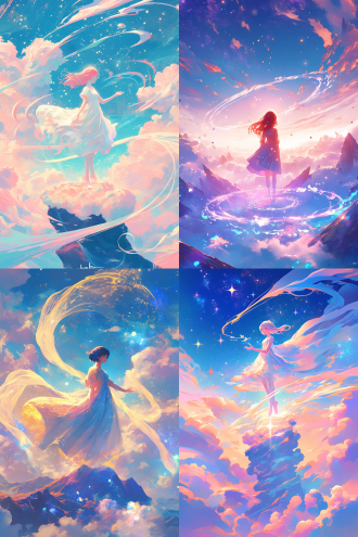 ghibli-style anime girl standing on layered cloud mountains, wearing translucent starry veil dress, celestial beings dancing around her, swirling galaxy patterns in the background, soft chromatic aberration, magical particles glowing with pastel hues, trending on artstation, studio ghibli meets loish's brushwork stylize 800
