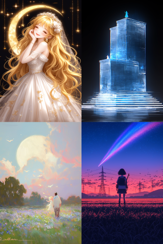 ghibli-style anime girl standing on layered cloud mountains, wearing translucent starry veil dress, celestial beings dancing around her, swirling galaxy patterns in the background, soft chromatic aberration, magical particles glowing with pastel hues, trending on artstation, studio ghibli meets loish's brushwork stylize 800
