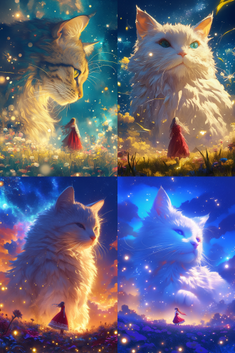 giant fluffy cat towering over a meadow, tiny girl in a red dress (smaller than cat's paw), vibrant wildflowers, glowing fireflies swirling around cat's tail, ultra-detailed fur texture, starry night sky with sparkling stardust, dark cosmic background with shimmering nebula, magical realism, warm golden hour lighting, 8k resolution, hyper-detailed fantasy illustration