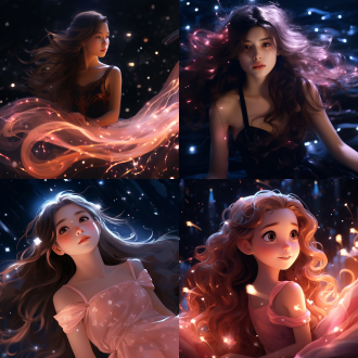 发光少女置身星光黑背景，对角线构图，梦幻氛围，粉色裙发光，发丝轻扬，暖光，长焦镜头，高饱和度，唯美，梦幻。国漫